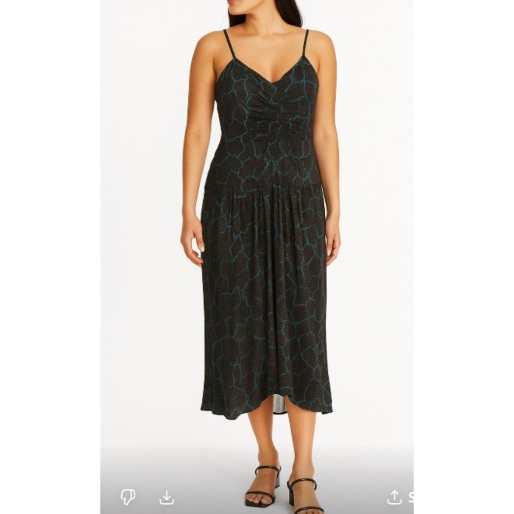 Diane von Furstenberg Silk Midi Dress Brown‎ Blue Print Ruched Strap sz 2